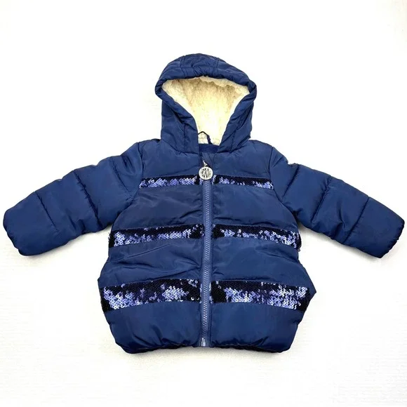 DKNY Puffer Jacket Baby Girls 12M Navy Blue Sequin Stripe Hooded Winter Coat