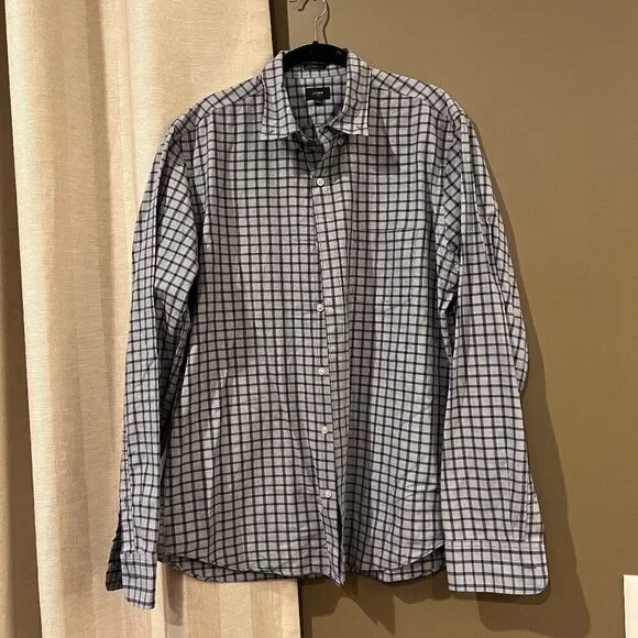 J Crew Slim Fit Blue Check Button Down Men's Long Sleeve Dress Shirt, Size Large