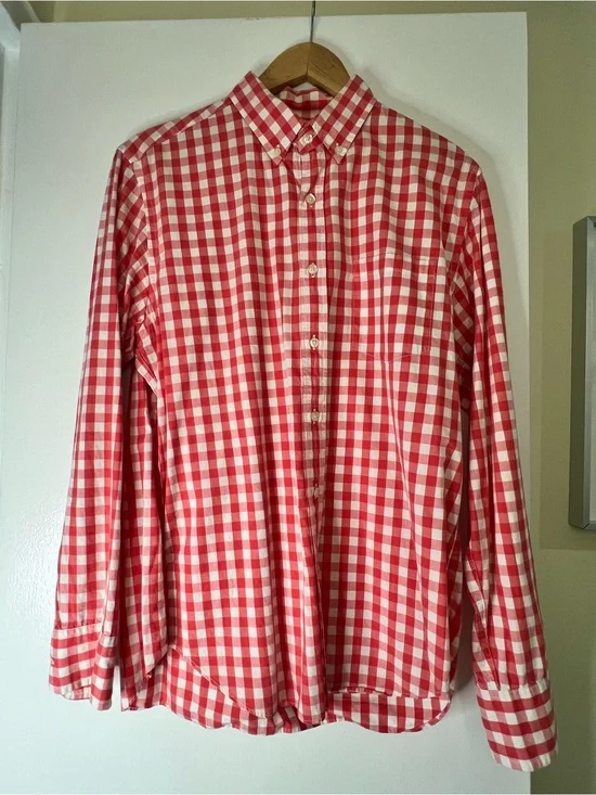 J. Crew Red & White Gingham Button-Down Shirt, like new. Medium. 100% cotton.
