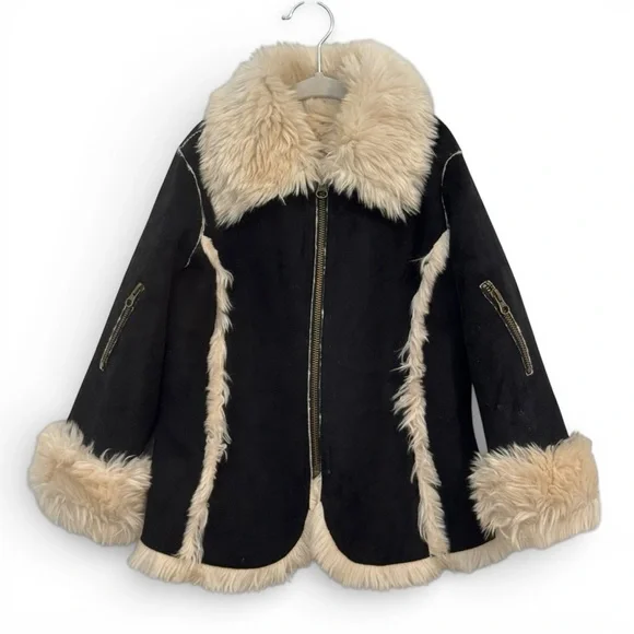Girl’s Jacket Black Suede Effect Cream Faux Fur Teddy Zip Up Cozy Winter Coat