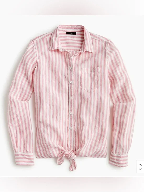 J.Crew Tie-front Linen Button Down Shirt Pink White size 4 EUC