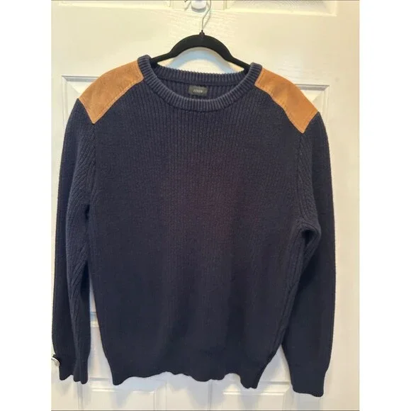 J. Crew 100% Cotton Navy Crewneck Sweater with Tan Suede Shoulder Patches