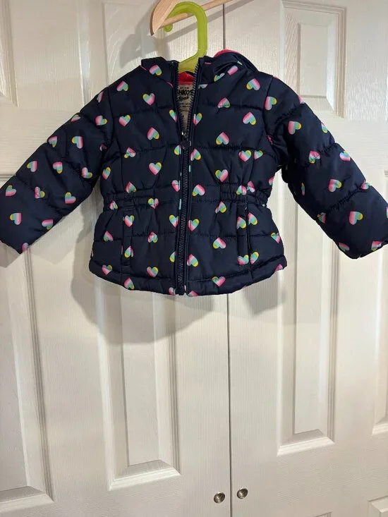 OshKosh B'Gosh Puffer Coat Navy Blue Rainbow Hearts Girl's 18m