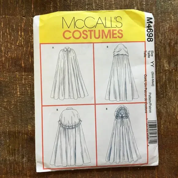 McCalls Sewing Pattern M4698 Costumes Misses Hooded Long Cape S M 8-14 UNCUT