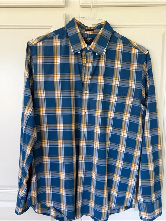 J. Crew Teal and Gold Plaid Button-Down Shirt