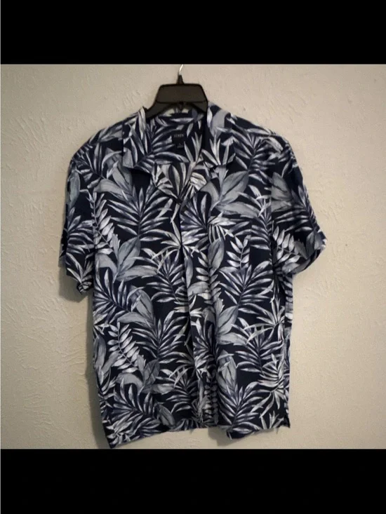J. Crew Navy and White Tropical Print Short Sleeve Button-Down Shirt