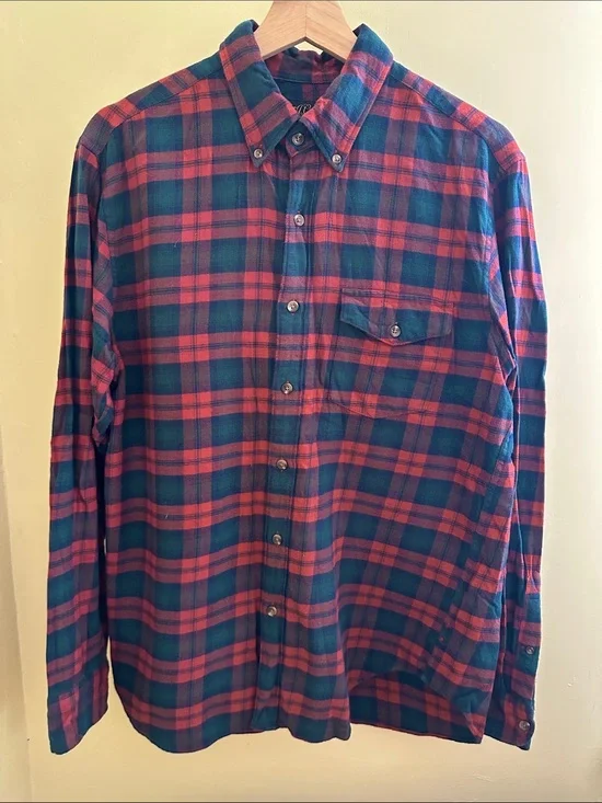 Men's Red and Green Plaid Button-Down Shirt