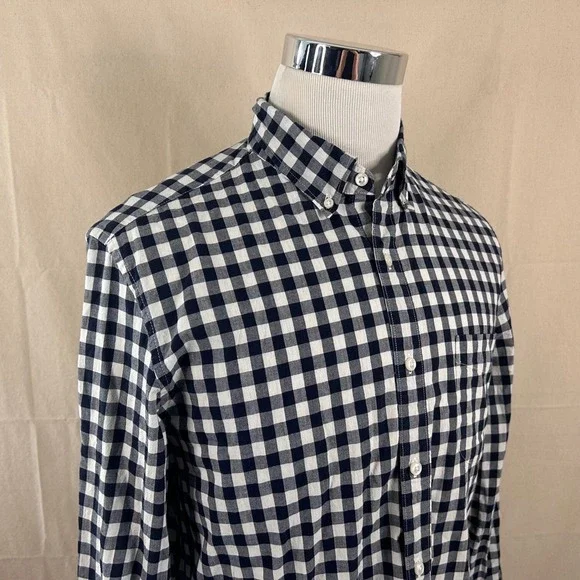 J. Crew Large Slim Secret Wash Button Down Shirt Navy Gingham Stretch Mens