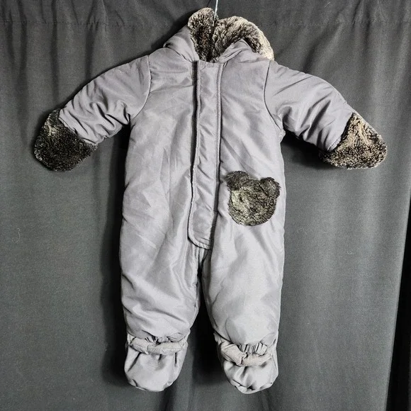 First Impressions Baby Gray Faux Fur Trim Hooded Pram Suit Bunting 3-6 Months‎
