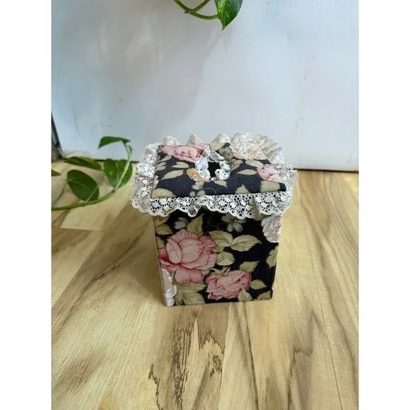 Floral Fabric Tissue Box Cover with Lace Trim