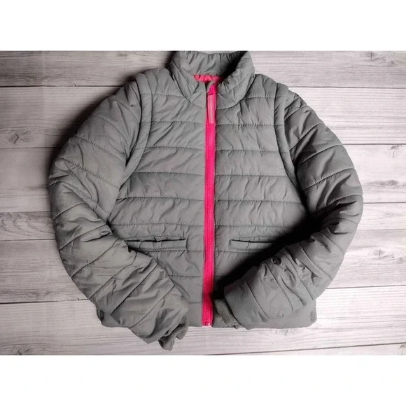 Kids Cat and Jack Puffer Jacket Girls Size M 7 8 Gray Pink Zip Lined Winter Coat