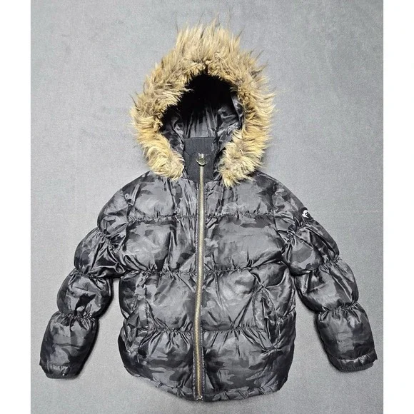 Appaman Girls Black Camo Shiny Fur Trimmed‎ Hooded Zipped Puffer Coat Size 6 EUC