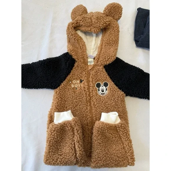 Disney Baby Mickey Mouse Brown Fleece Hooded Snowsuit‎ 6-9 Months Full Zip