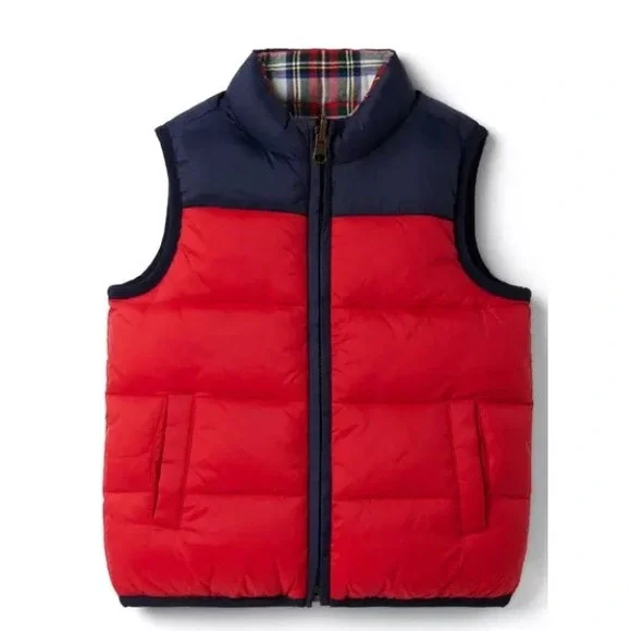 Janie and Jack Reversible Puffer Vest‎ Boys 7-8 Y Red Navy Plaid Quilted Zipper