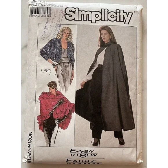 Vintage Simplicity Pattern‎ 8389 Miss All Sizes S-L Shawl Lined Cape Shrug Uncut