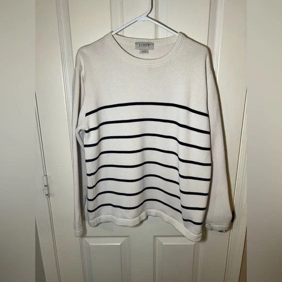 J.Crew Cream & Black Stripe Cotton Sweater Size L Classic Preppy
