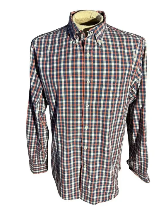 J.Crew Flex Men’s Large Plaid Button-Down Shirt Blue Orange Cotton Stretch