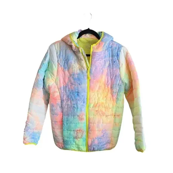 Alexa Rae Tie Dye Pastels Colorful Hooded Puffer Jacket Kids Size Large 16 NWT