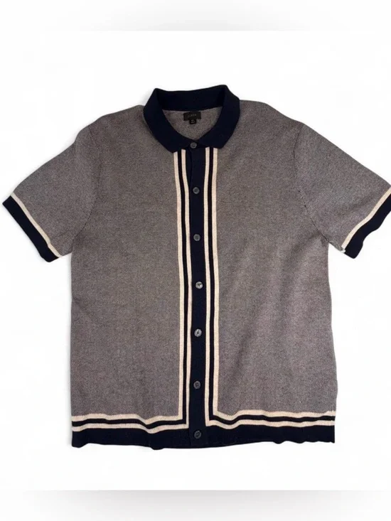 J. Crew Gray Short-Sleeve Polo Cardigan with Navy and Cream Trim