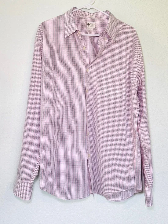 J Crew Dress Shirt Mens XL Tailored Fit Red White Blue Plaid 100% Cotton Classic