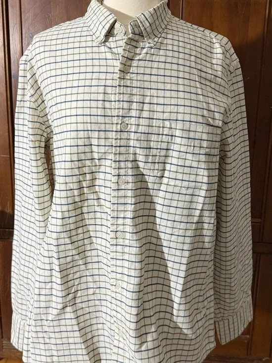 J. Crew Men's Cream Button-Down Shirt with Blue X-Large