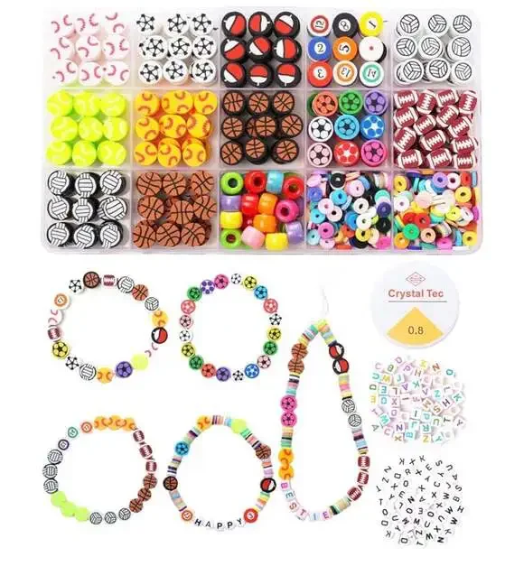 600 Pieces Sports Ball Polymer Clay Beads Kit with Alphabet Beads and Crystal St