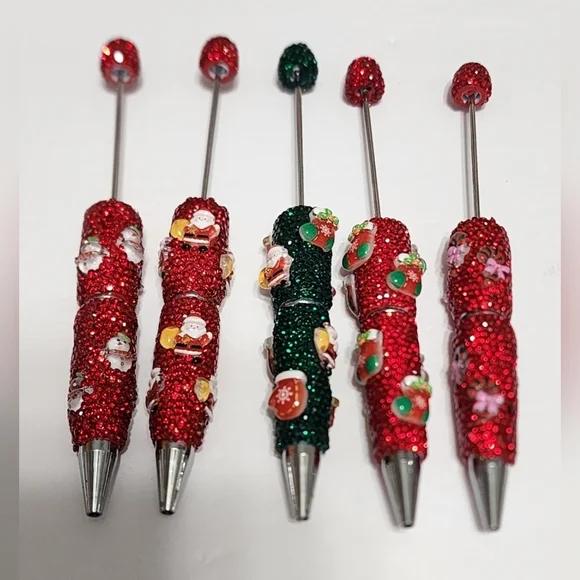 Christmas Rhinestone‎ Beadable Pen Bundle Xmas Beaded Pen Crafts DIY Bead 5 pc