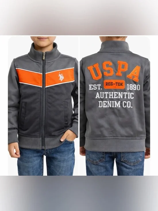 Vintage US Polo Assn Kids Track Jacket Gray Orange Y2K Spellout Size 4 Unisex