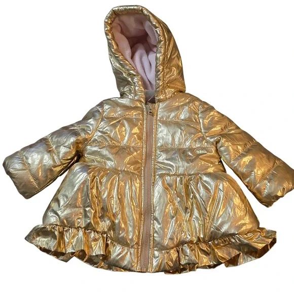 First Impressions Girl's Gold‎ Puffer Coat With Ruffle Trim - Size 3-6 Months