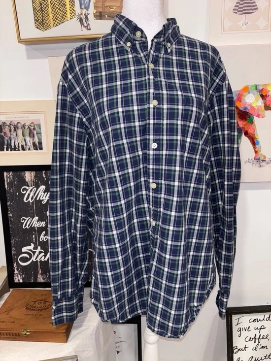 J. Crew Navy and Green Plaid Button-Down Shirt