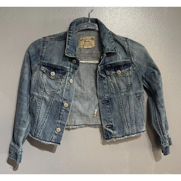 Polo Ralph Lauren Jean Jacket Youth Blue Denim Spell Out Logo Cropped Girl's 7