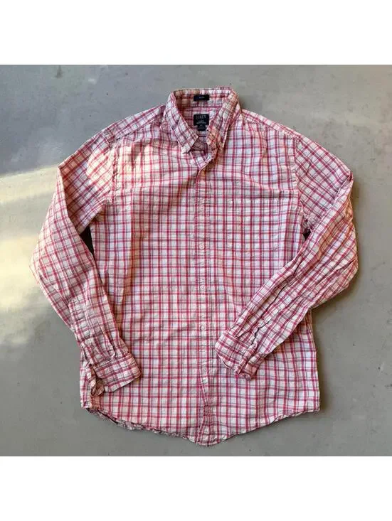 J.Crew Button-Up Shirt Slim Fit Flex Washed Pink and White Plaid