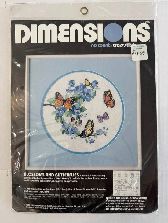 Dimensions Blossoms and Butterflies No Count Cross Stitch Kit 3922 1988 Vintage
