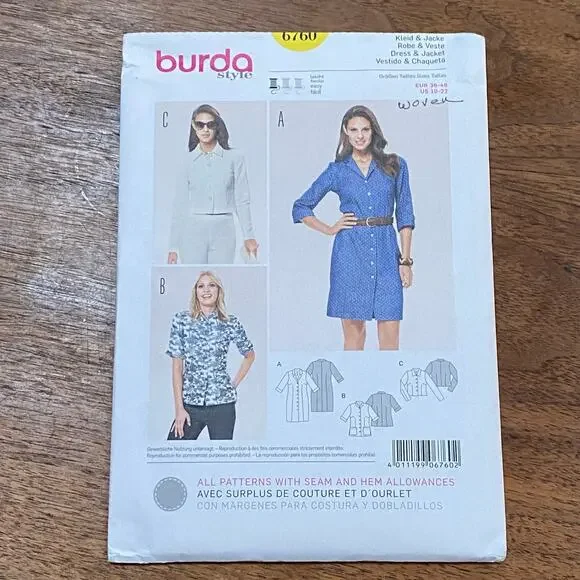 Burda Sewing Pattern #6760 dress & jacket UNCUT Sizes US 10-22