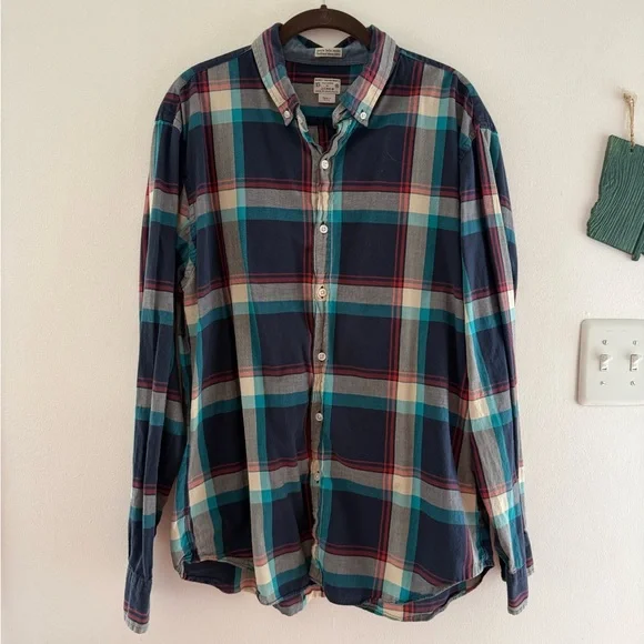 J. Crew Men's Casual Plaid Shirt - Navy, Red, and Teal XL