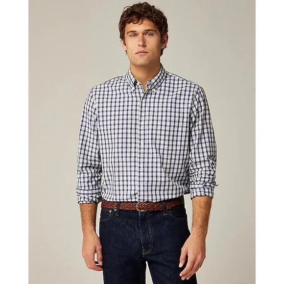 J.Crew Secret Wash Slim Cotton Poplin Shirt M Navy White Check Preppy Heritage‎