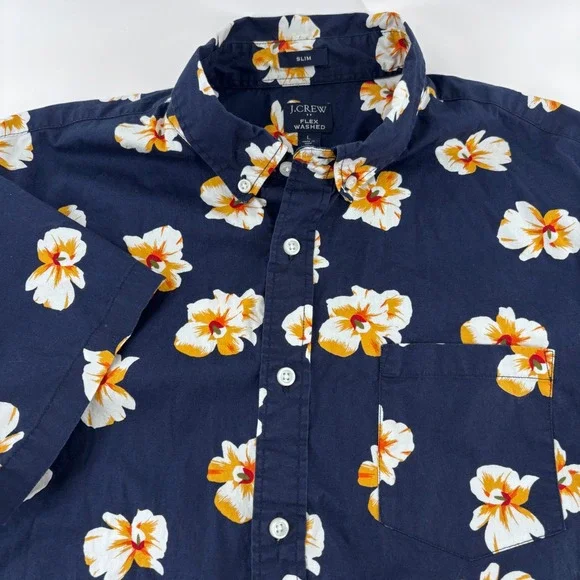 J.Crew Button Down Shirt Mens Large Navy Floral Flex Washed Slim Fit Hawaiian