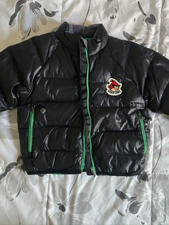 Kids Black Puffer Jacket with Green Trim