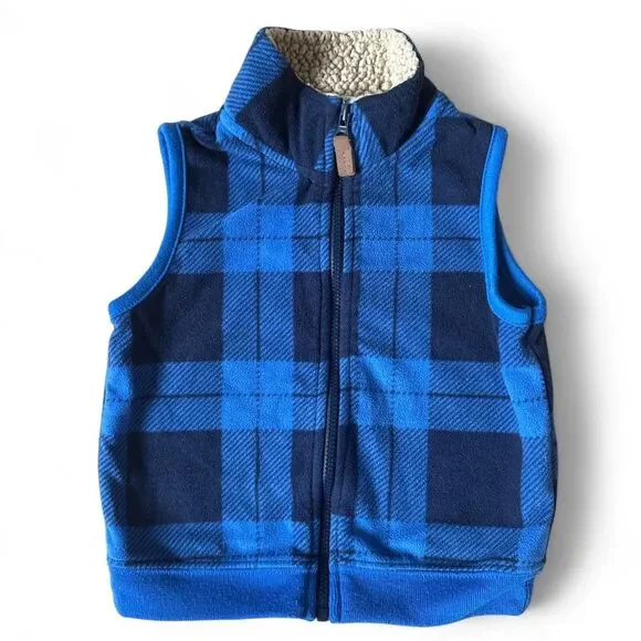 Carter’s Baby Fleece Vest Blue Buffalo Plaid Sherpa Collar Zip-Up Size 18M