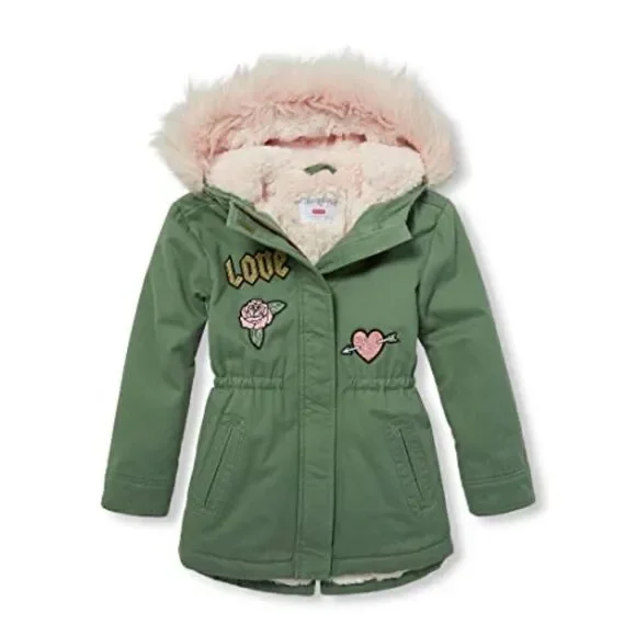 The Children’s Place Girl’s Green Faux Fur Lined Hooded Full Zip Parka Coat XS 4