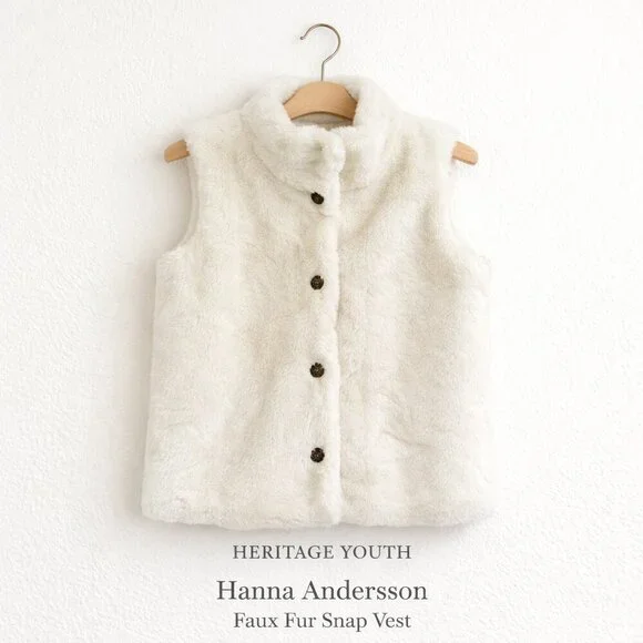 Hanna Andersson Winter White Faux Fur Snap Front Vest Girls Size 12 150cm