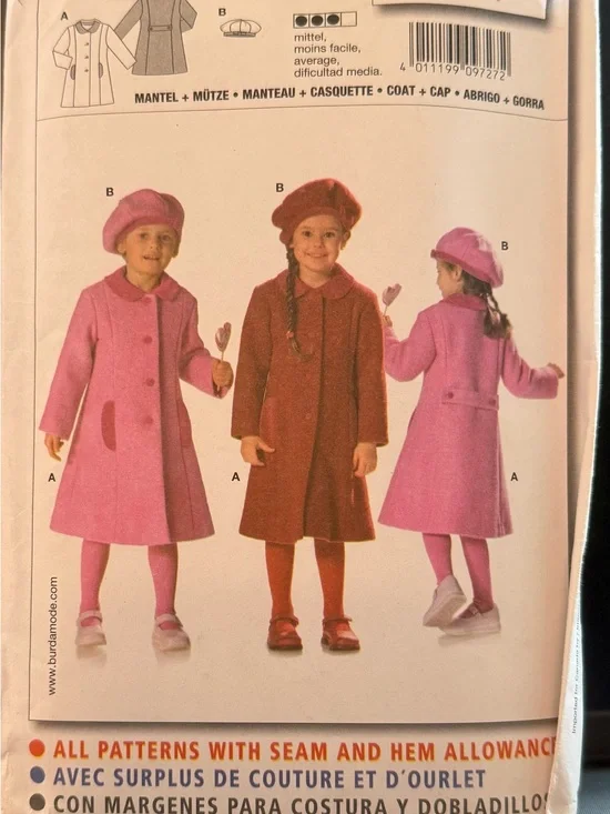 Girls' Classic Wool-Blend Pea Coat with Matching Beret - Pink & Red