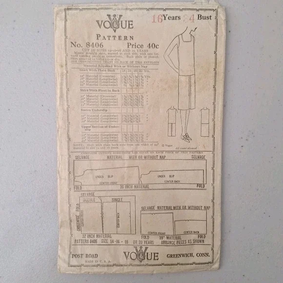 RARE Antique 1920's VOGUE Pattern Cover #8406 Skirt Slip Shirt 16 Years 34 Bust