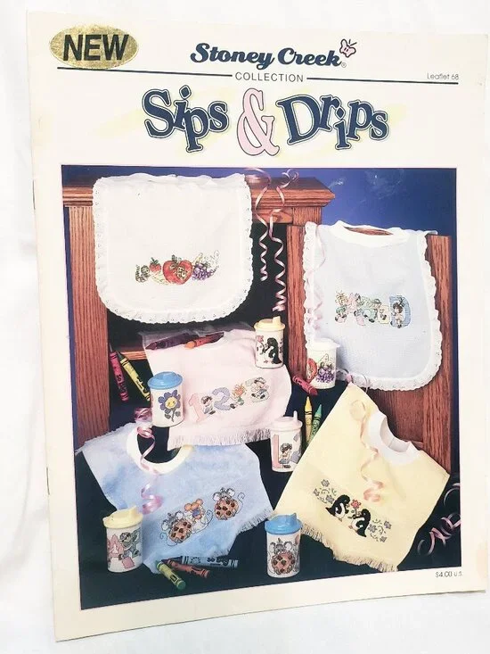 Sips & Drips Bibs Cross Stitch Leaflet 68 Stoney Creek 1993 Mice Cookies Fruit