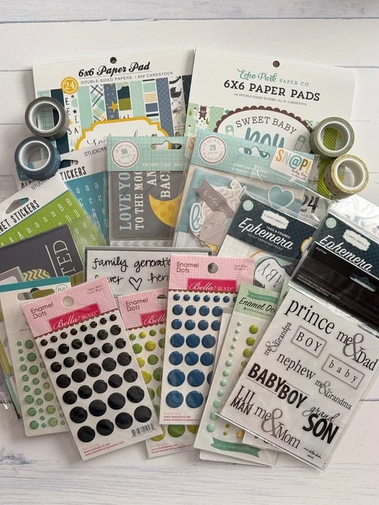 Baby Boy Scrapbook Embellishment Bundle | 24+ Pieces | Stickers | Paper Pads