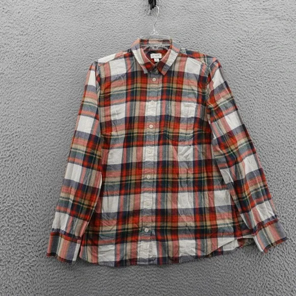 J‎ Crew Flannel Shirt Plaid Button Up Medium Red Navy Beige Mens Casual Cotton