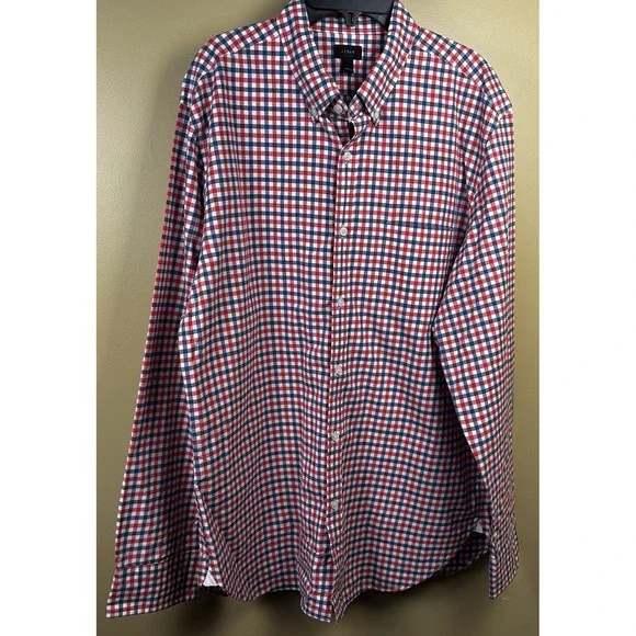 J Crew Men's Large Red White Blue Gingham Plaid Long Sleeve Button‎ Up Shirt