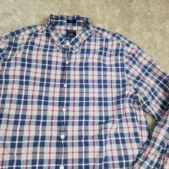 J Crew Shirt Mens L Red Blue Plaid Check Flex Wash Button Up Slim A867