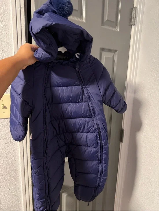 Navy baby/toddler Puffer jumpsuit with Pom Hood