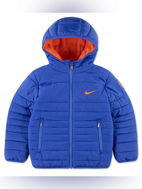 New Kids Sz 6 Nike Hooded Jacket Blue Water Resistant Midweight Faux Down Fill